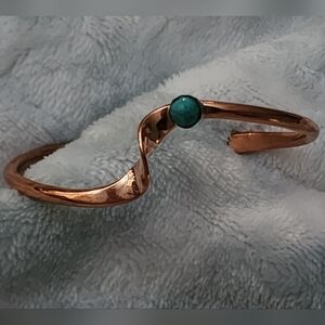 Navajo Artisan-signed Copper Bangle Twist Wave Bracelet w Turquoise set in 925